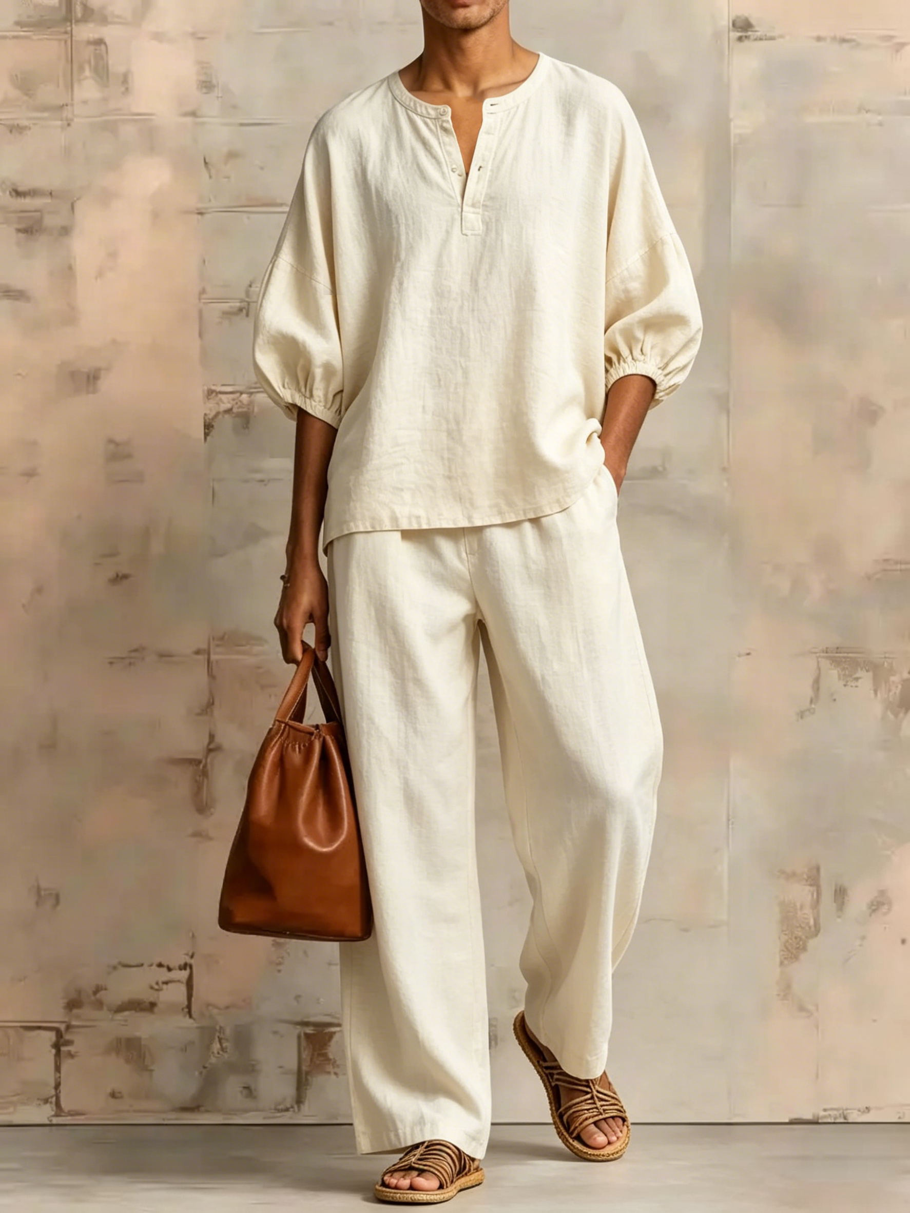 Men's Cotton-linen Blend Henley-collar Two-piece Set With Puff Sleeves